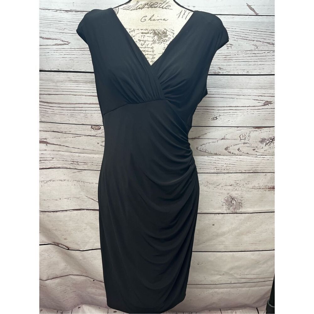 Ralph Lauren size 10 black v neck dress cinched at waist - 3003